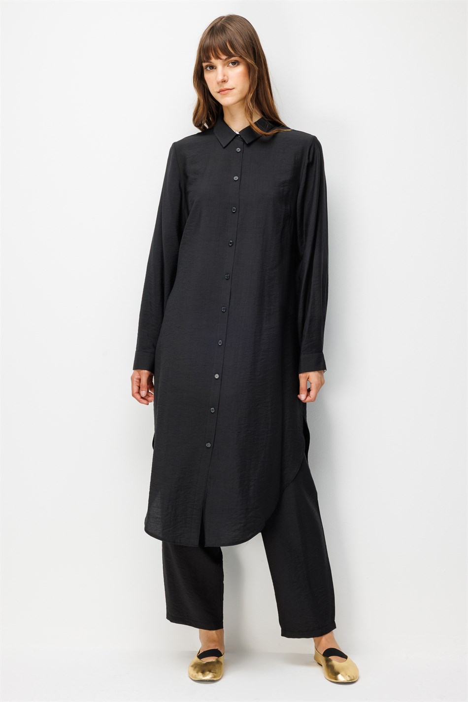 85% LyoCELL Goldy Marine Striped Fabric Trimmed Pants Maxi Tunic Set - Black