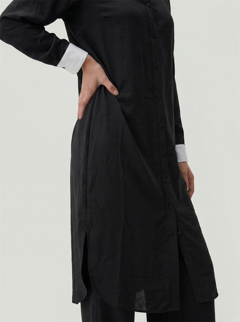 %85 LyoCELL Goldy Marin Çizgi  Ara Kumaş Garnili Pantalon Maxi Tunik Kombin Takım-Siyah