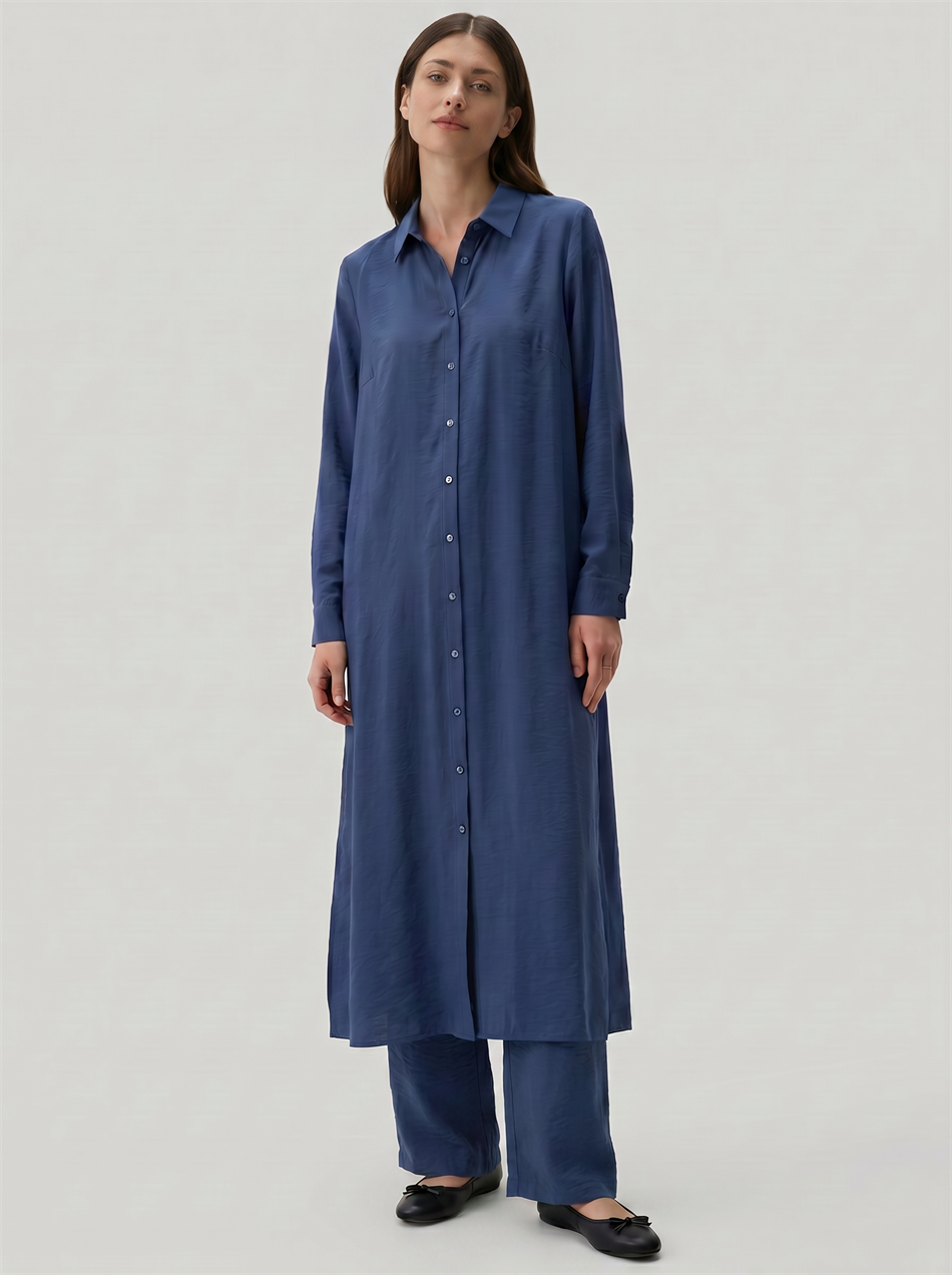 %85 LyoCELL Goldy Marin Çizgi  Ara Kumaş Garnili Pantalon Maxi Tunik Kombin Takım-Laci