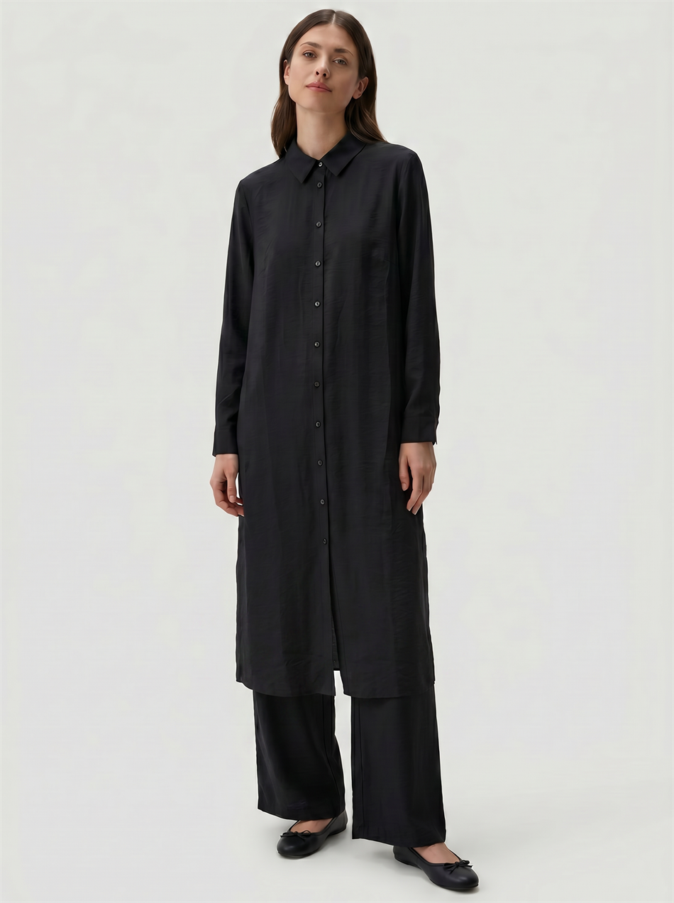 %85 LyoCELL Goldy Marin Çizgi  Ara Kumaş Garnili Pantalon Maxi Tunik Kombin Takım-Siyah