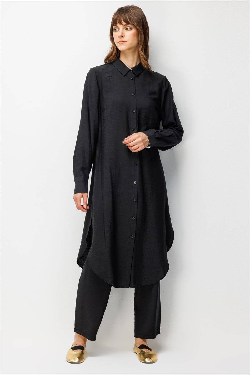 85% LyoCELL Goldy Marine Striped Fabric Trimmed Pants Maxi Tunic Set - Black