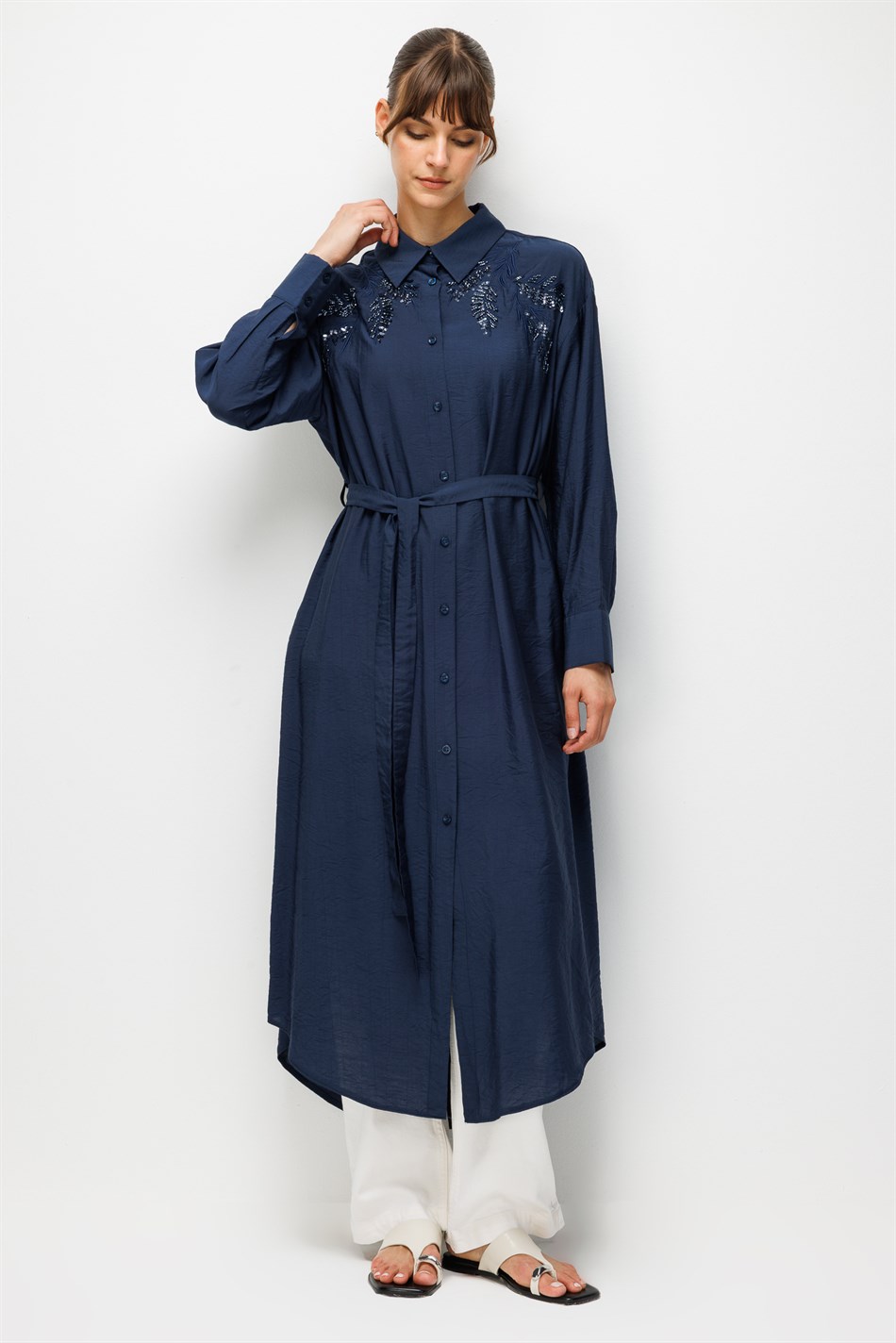 %85 LyoCELL Omuz El İşi Nakış Detaylı Maxi Tunik Elbise-Laci