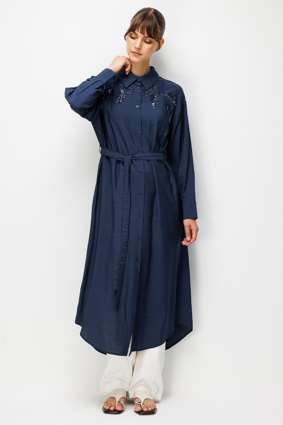 %85 LyoCELL Omuz El İşi Nakış Detaylı Maxi Tunik Elbise-Laci
