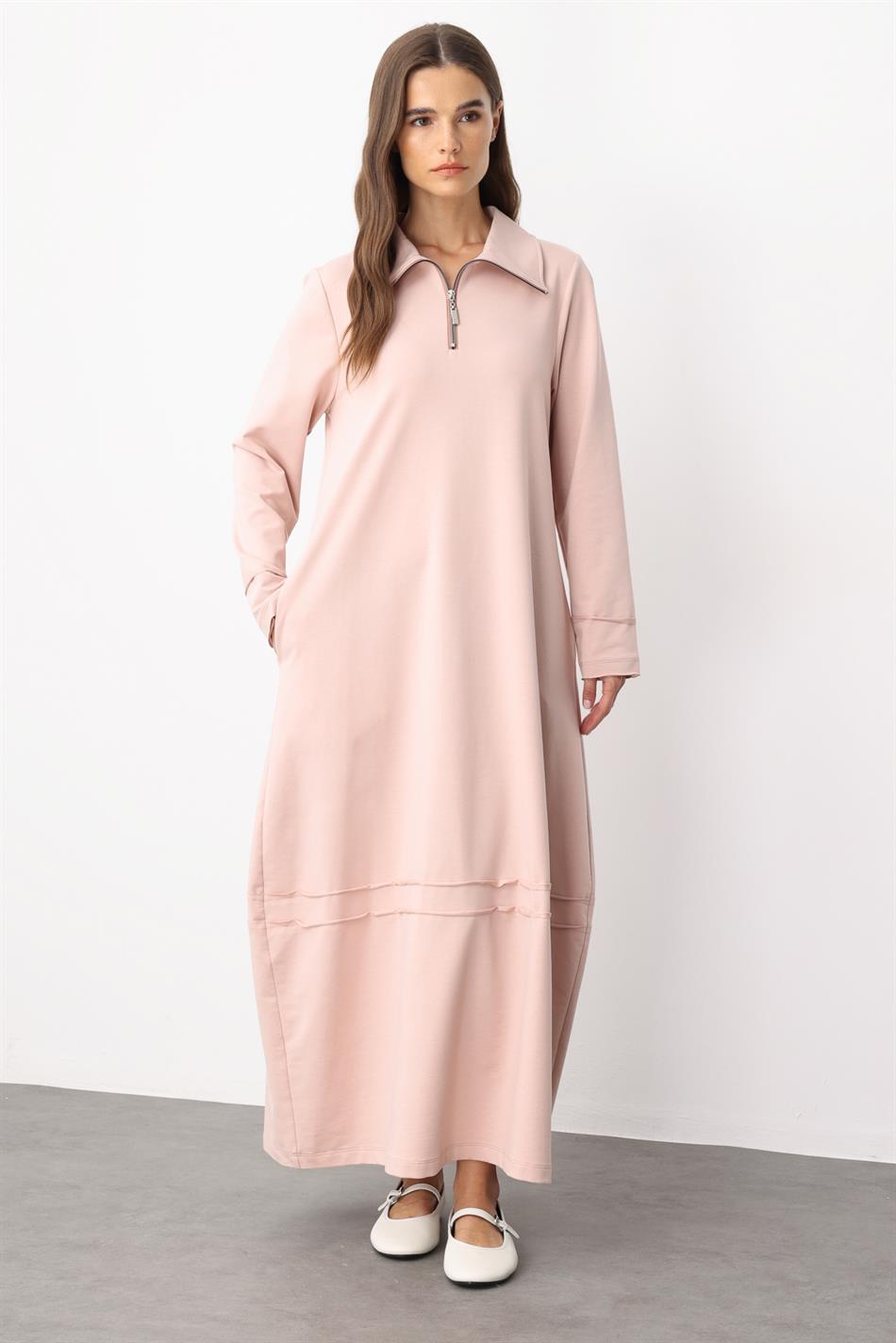 Aller Draped Knit Dress with Stitching Detail in Cotton Blend - Powder Pink