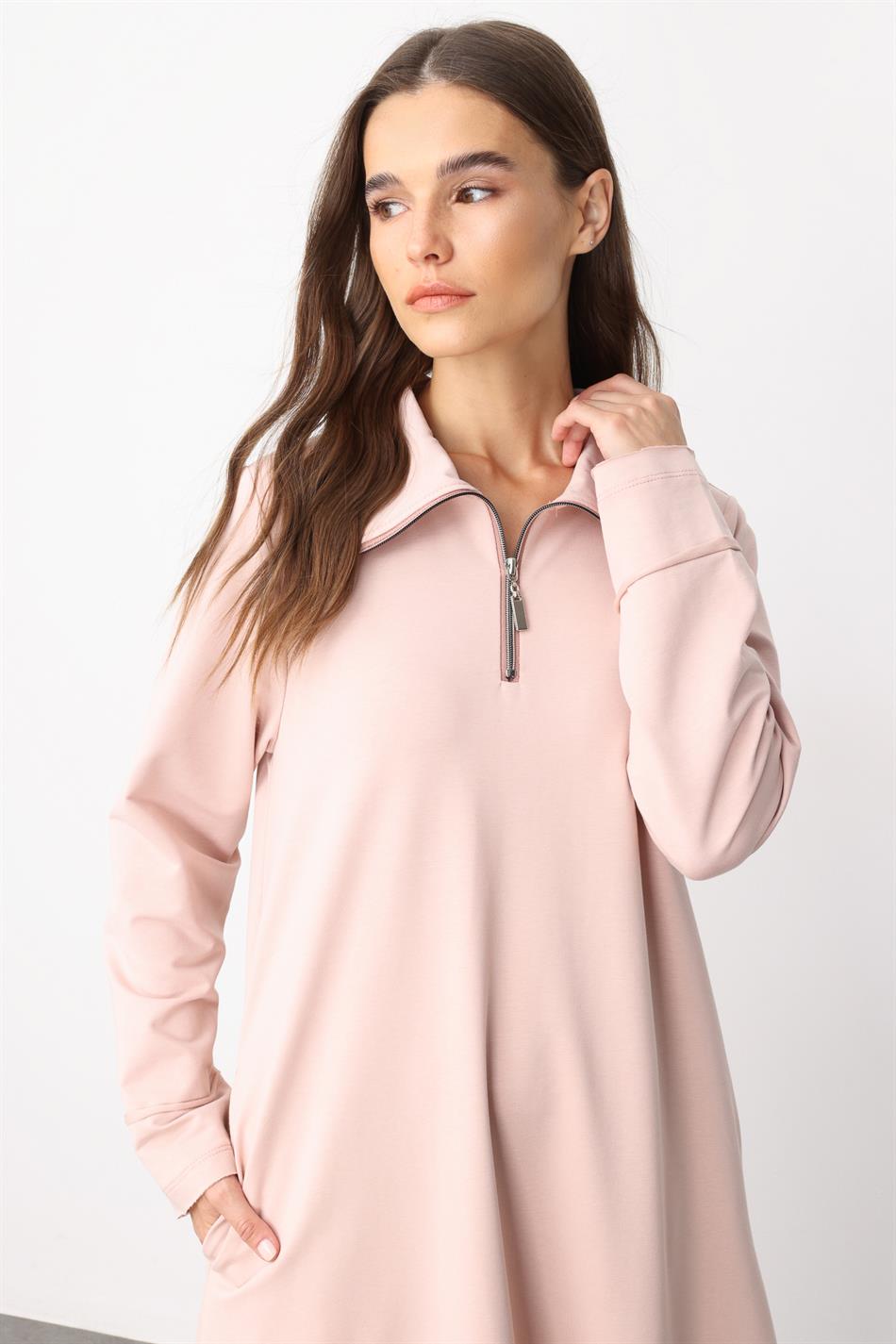 Aller Draped Knit Dress with Stitching Detail in Cotton Blend - Powder Pink