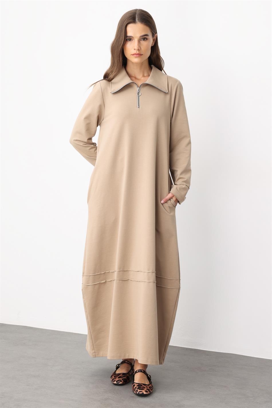 Aller Baumwollmischgewebe, fließendes Strickkleid mit Ziernähten – Nerz