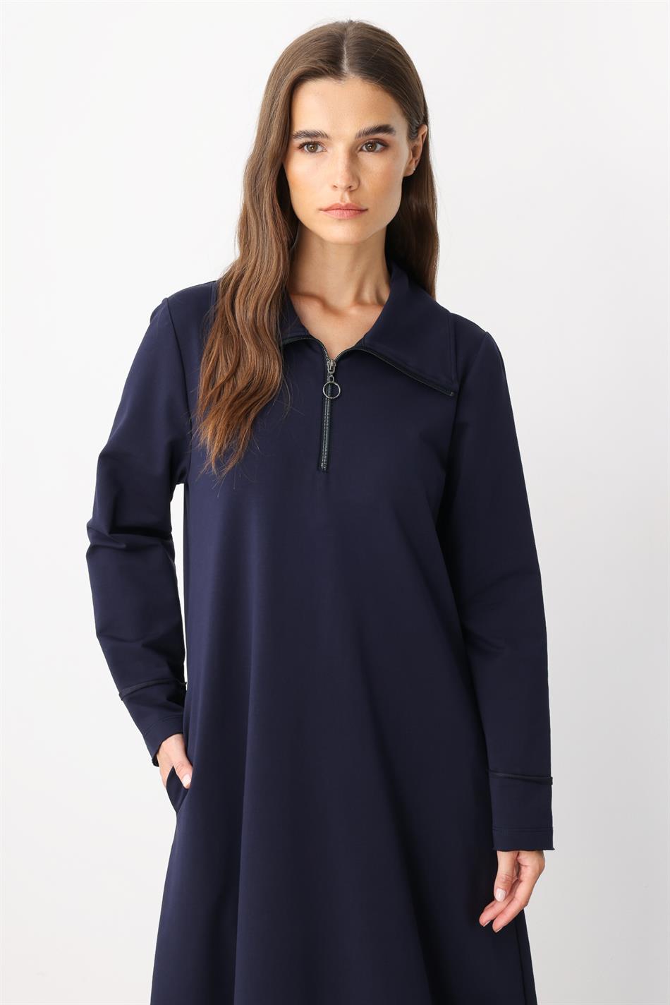 Aller Cotton Blend Draped Knit Dress with Stitching Detail - Navy Blue