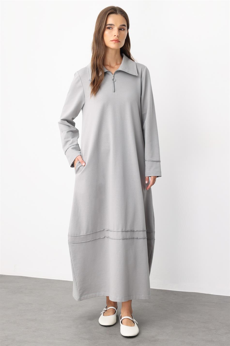 Aller Cotton Blend Draped Knit Dress with Stitching Detail - Grey