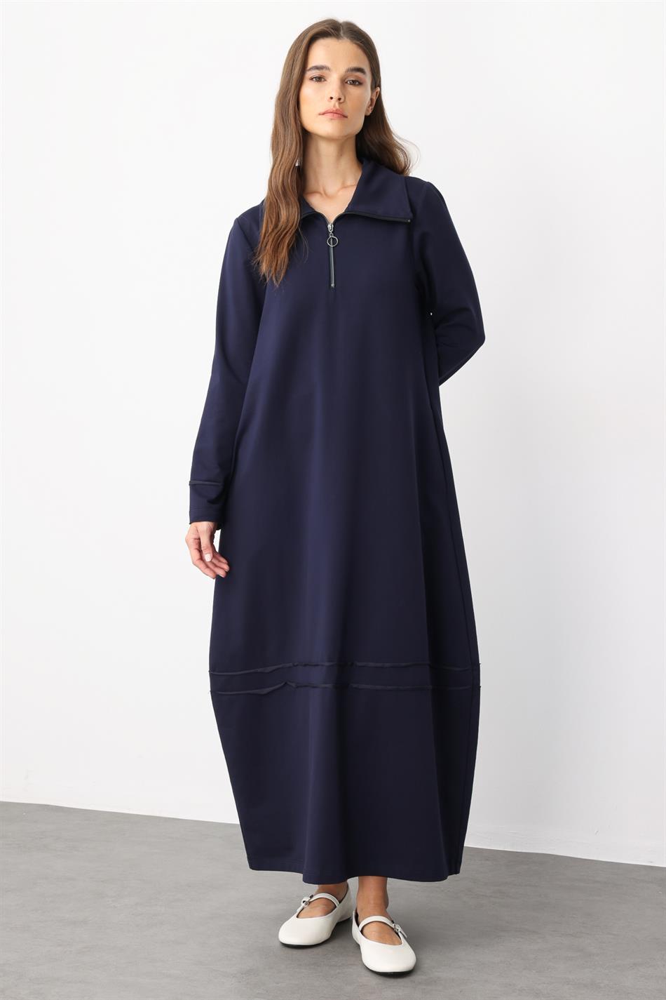 Aller Cotton Blend Draped Knit Dress with Stitching Detail - Navy Blue
