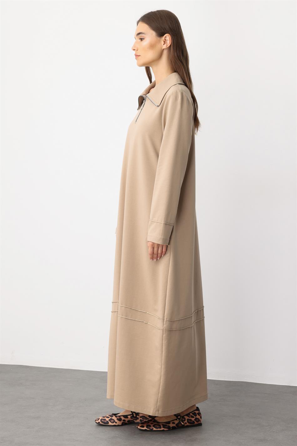 Aller Baumwollmischgewebe, fließendes Strickkleid mit Ziernähten – Nerz