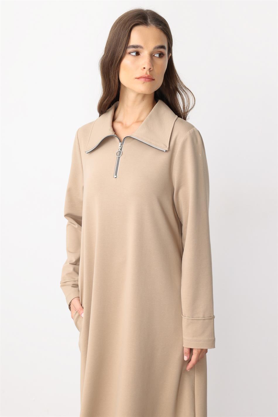 Aller Baumwollmischgewebe, fließendes Strickkleid mit Ziernähten – Nerz