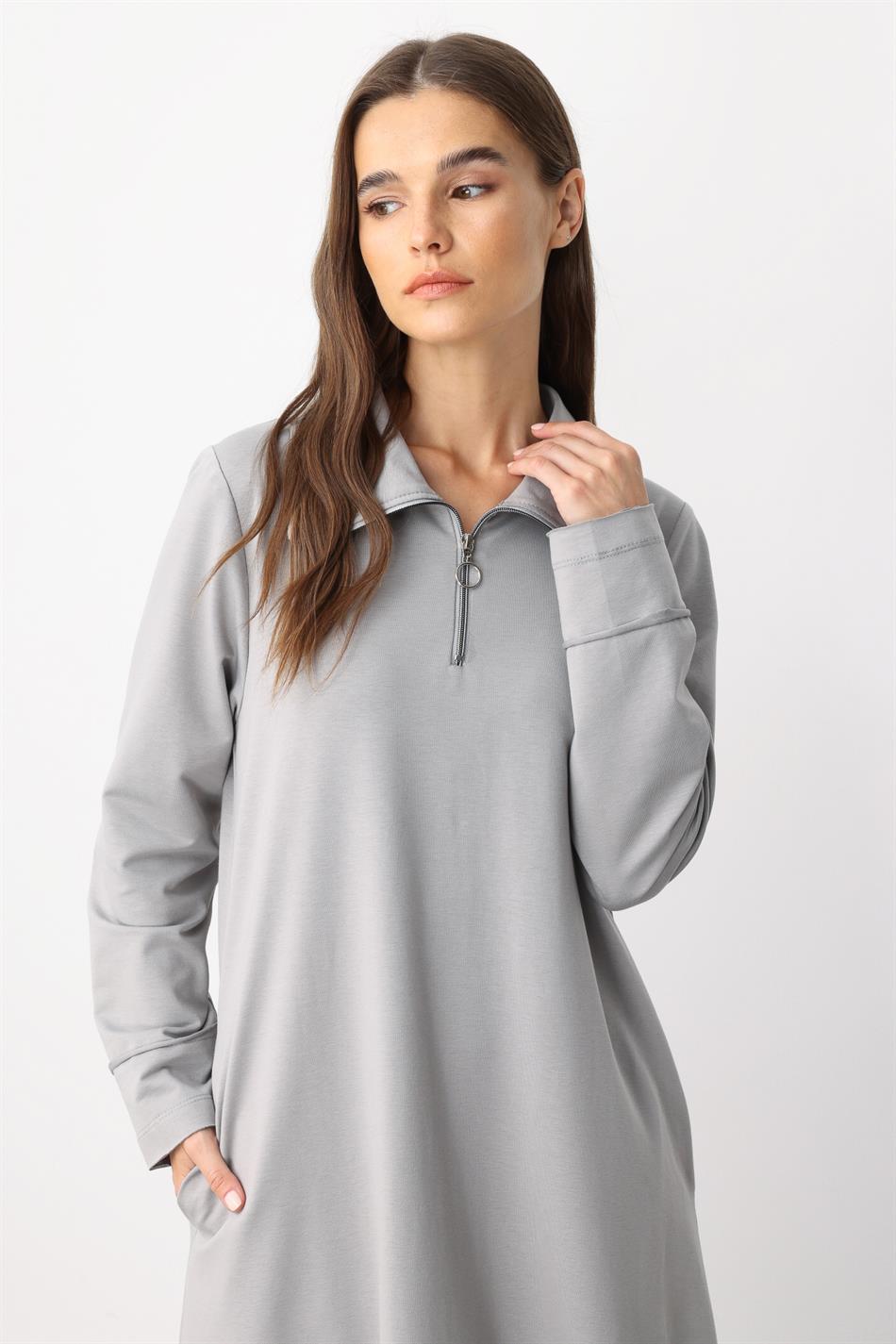 Aller Cotton Blend Draped Knit Dress with Stitching Detail - Grey
