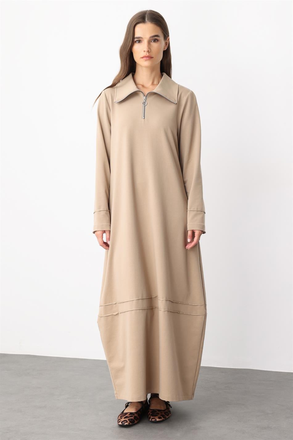 Aller Baumwollmischgewebe, fließendes Strickkleid mit Ziernähten – Nerz