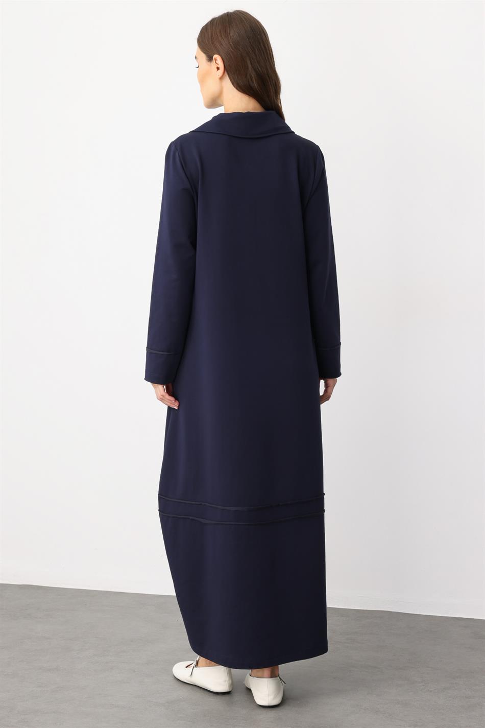 Aller Cotton Blend Draped Knit Dress with Stitching Detail - Navy Blue