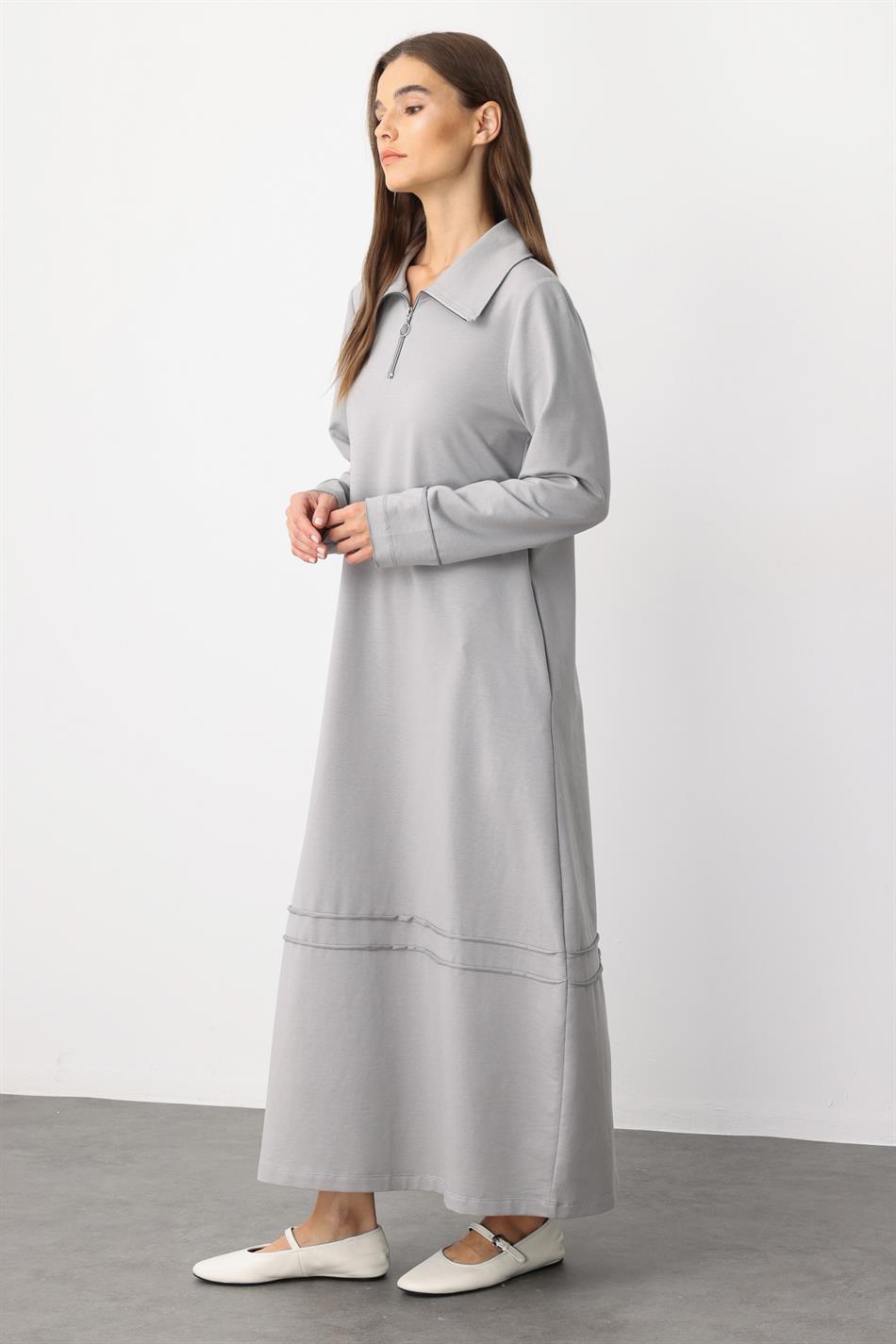 Aller Cotton Blend Draped Knit Dress with Stitching Detail - Grey