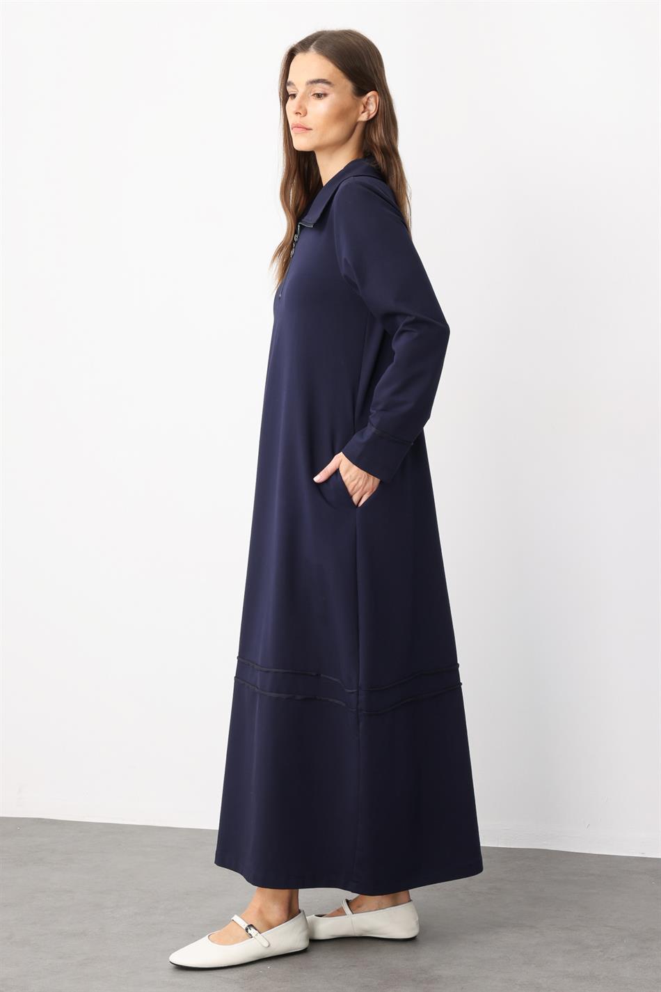 Aller Cotton Blend Draped Knit Dress with Stitching Detail - Navy Blue