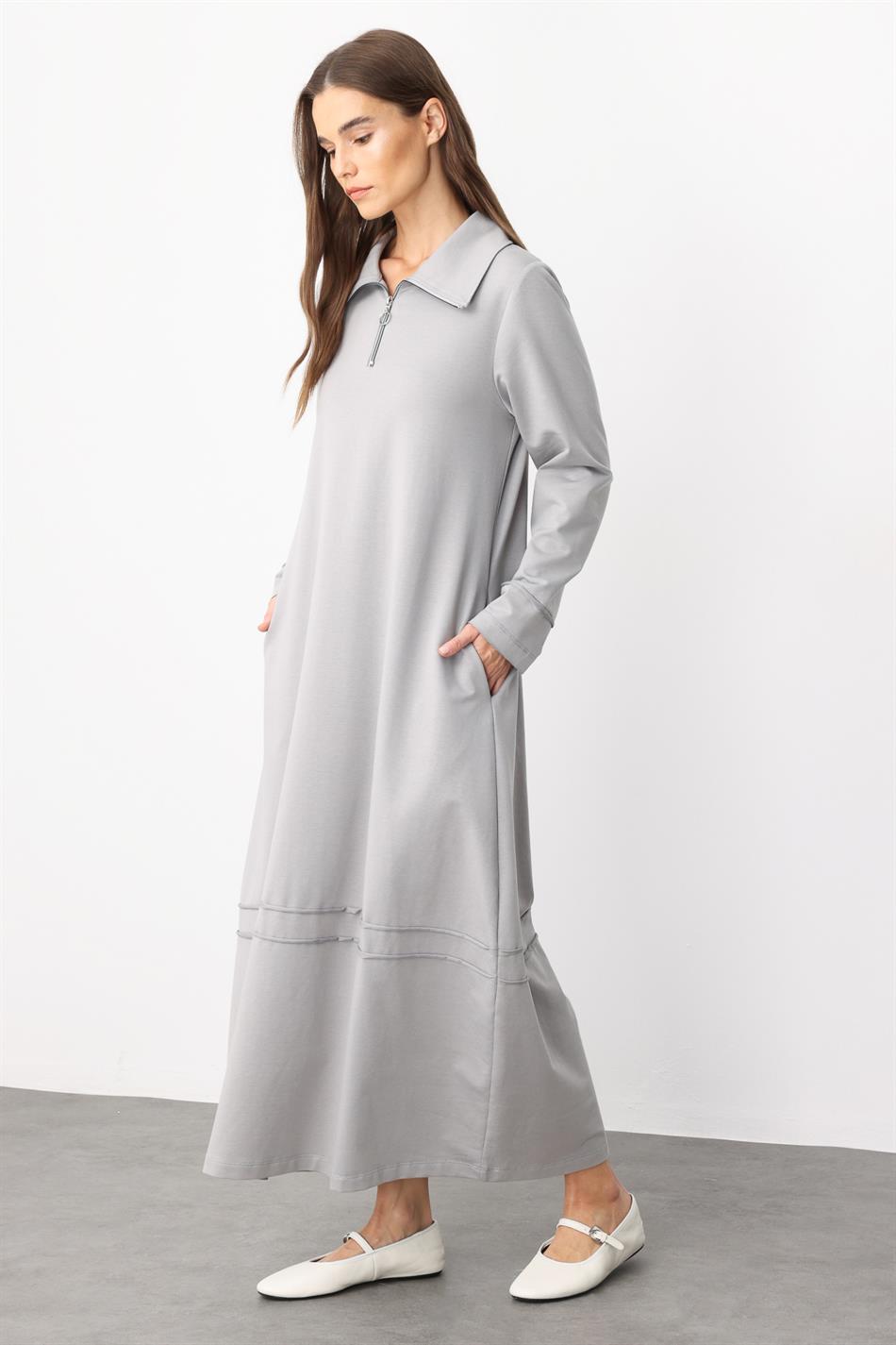 Aller Cotton Blend Draped Knit Dress with Stitching Detail - Grey