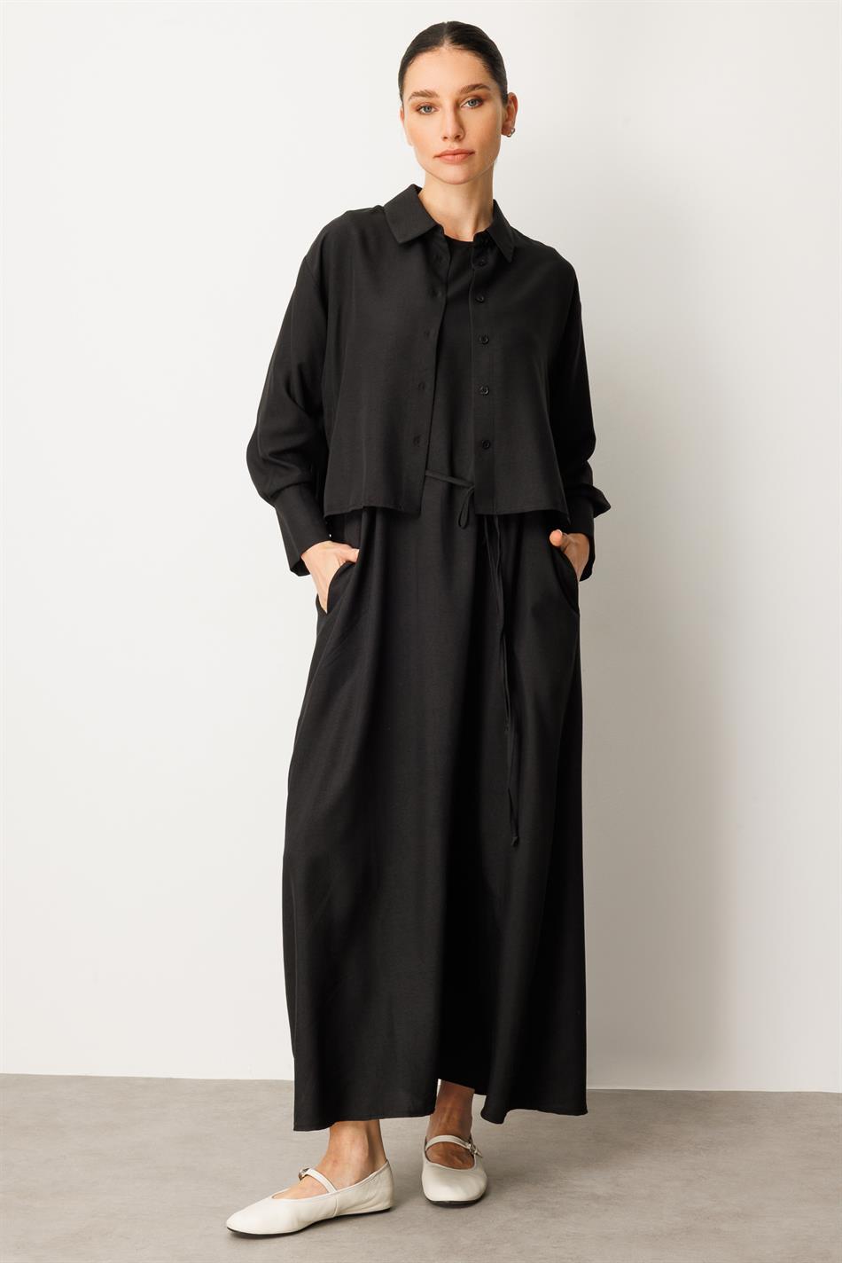 Aller Seidenkleid Abaya (Oberteil und ärmelloses Unterkleid) – Schwarz