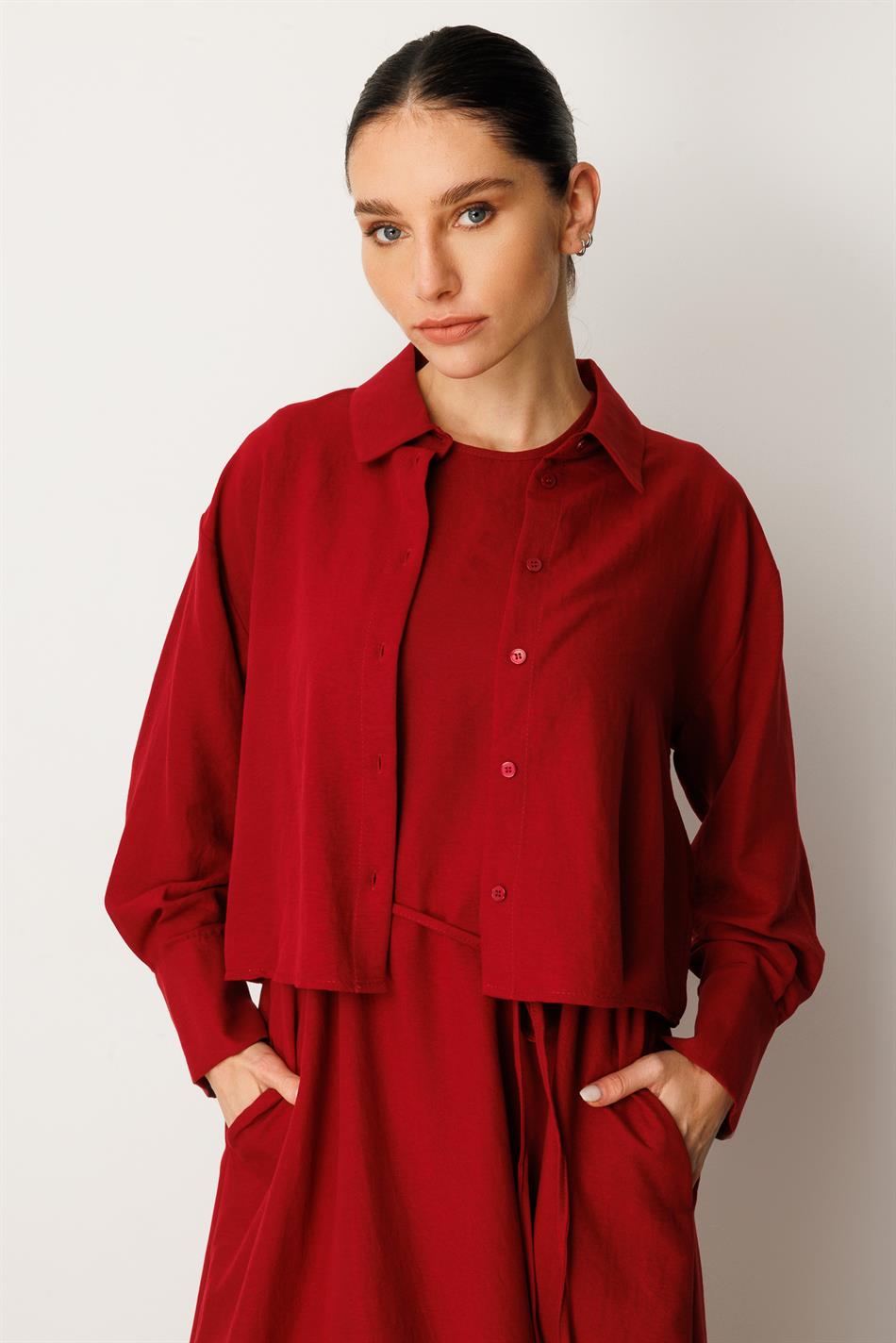 Aller Üst Beden ve Jile İç Kombin İpekçe Elbise Ferace-Bordo