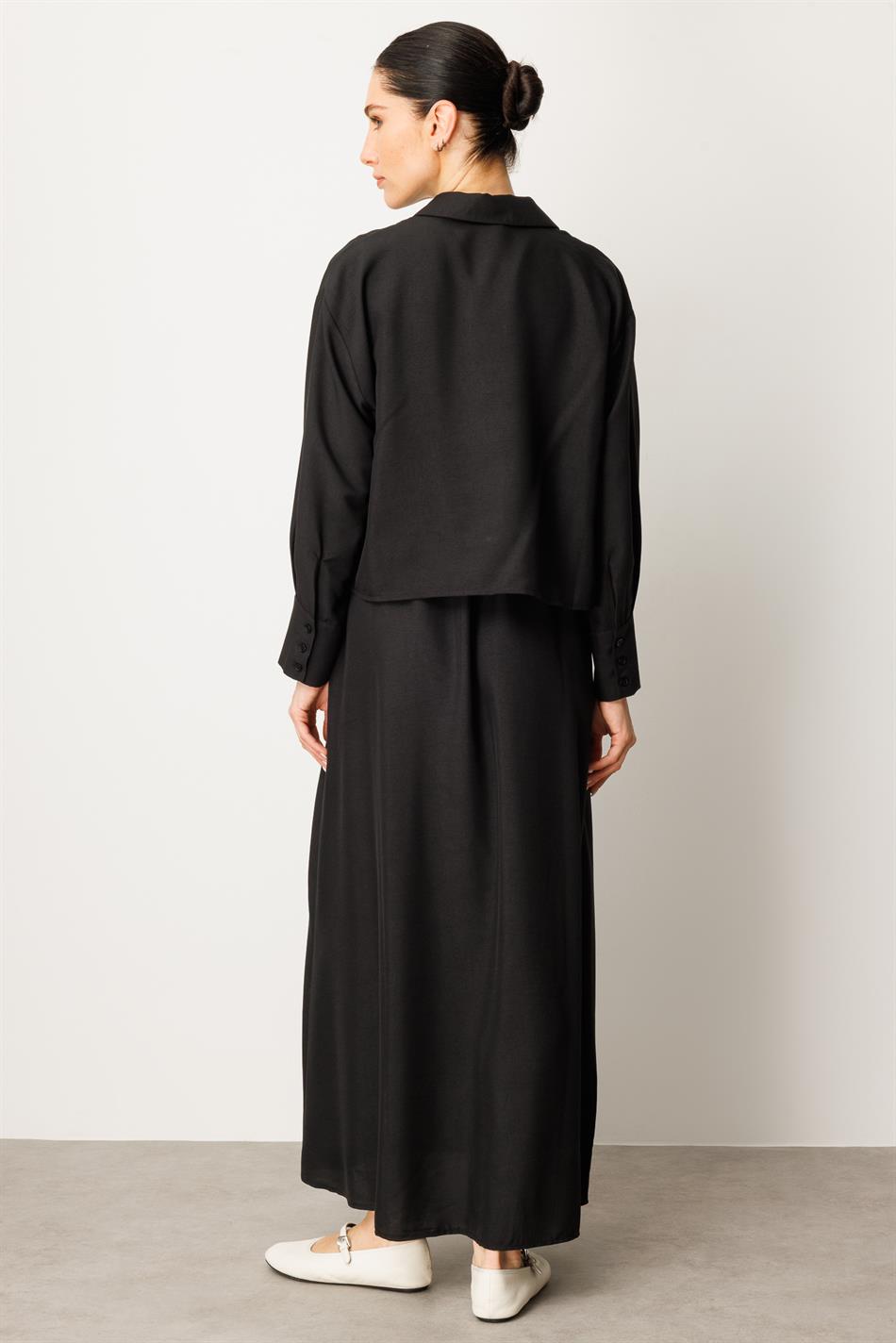 Aller Seidenkleid Abaya (Oberteil und ärmelloses Unterkleid) – Schwarz