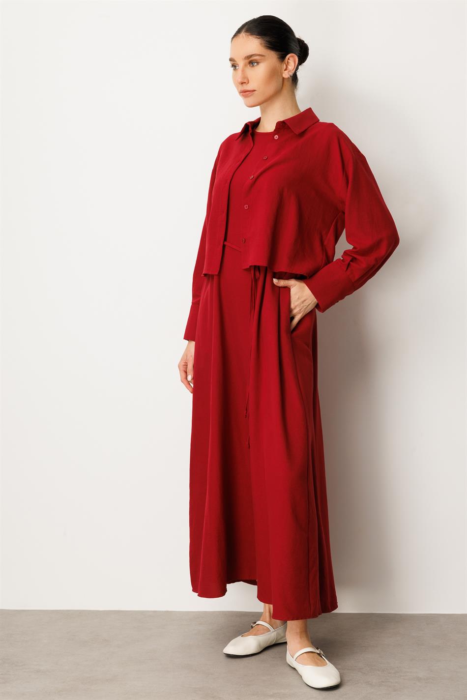 Aller Üst Beden ve Jile İç Kombin İpekçe Elbise Ferace-Bordo