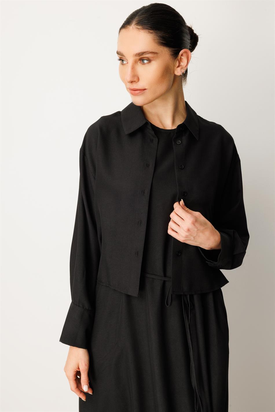 Aller Seidenkleid Abaya (Oberteil und ärmelloses Unterkleid) – Schwarz
