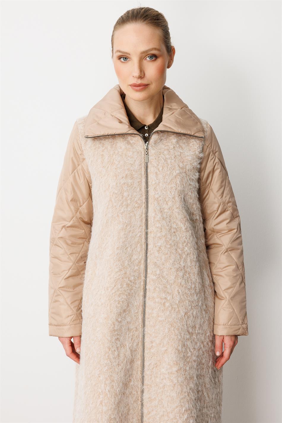 Angora textuur, gewatteerde mouwen, gevoerde, tijdloze jas/jack - Steenkleur