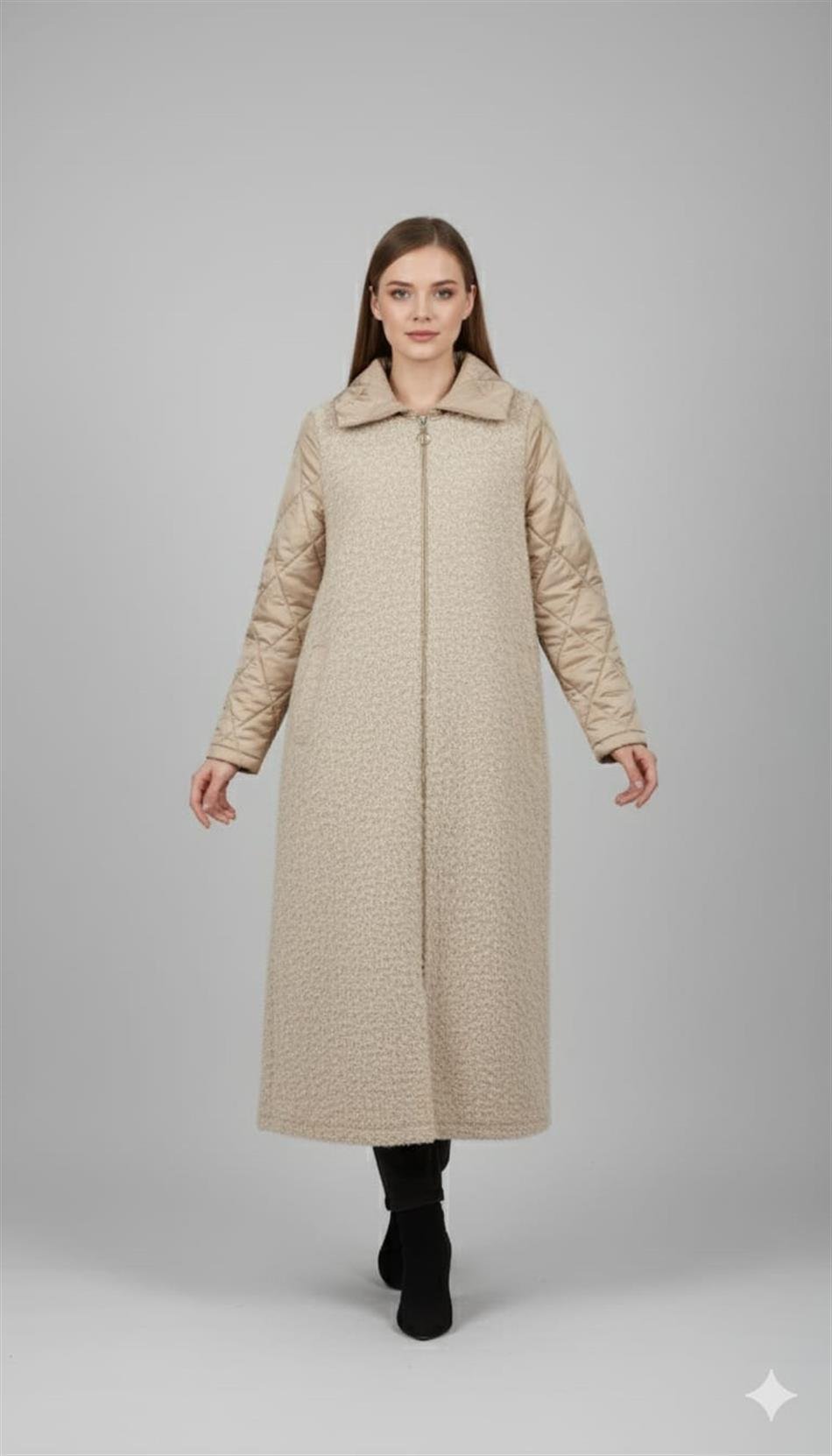 Angora Doku Kapitone Dolgu Kol Detaylı Astarlı Zamansız Kaban Manto-Taş