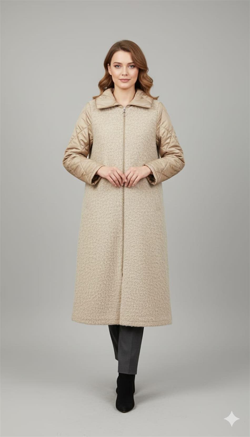 Angora Doku Kapitone Dolgu Kol Detaylı Astarlı Zamansız Kaban Manto-Taş