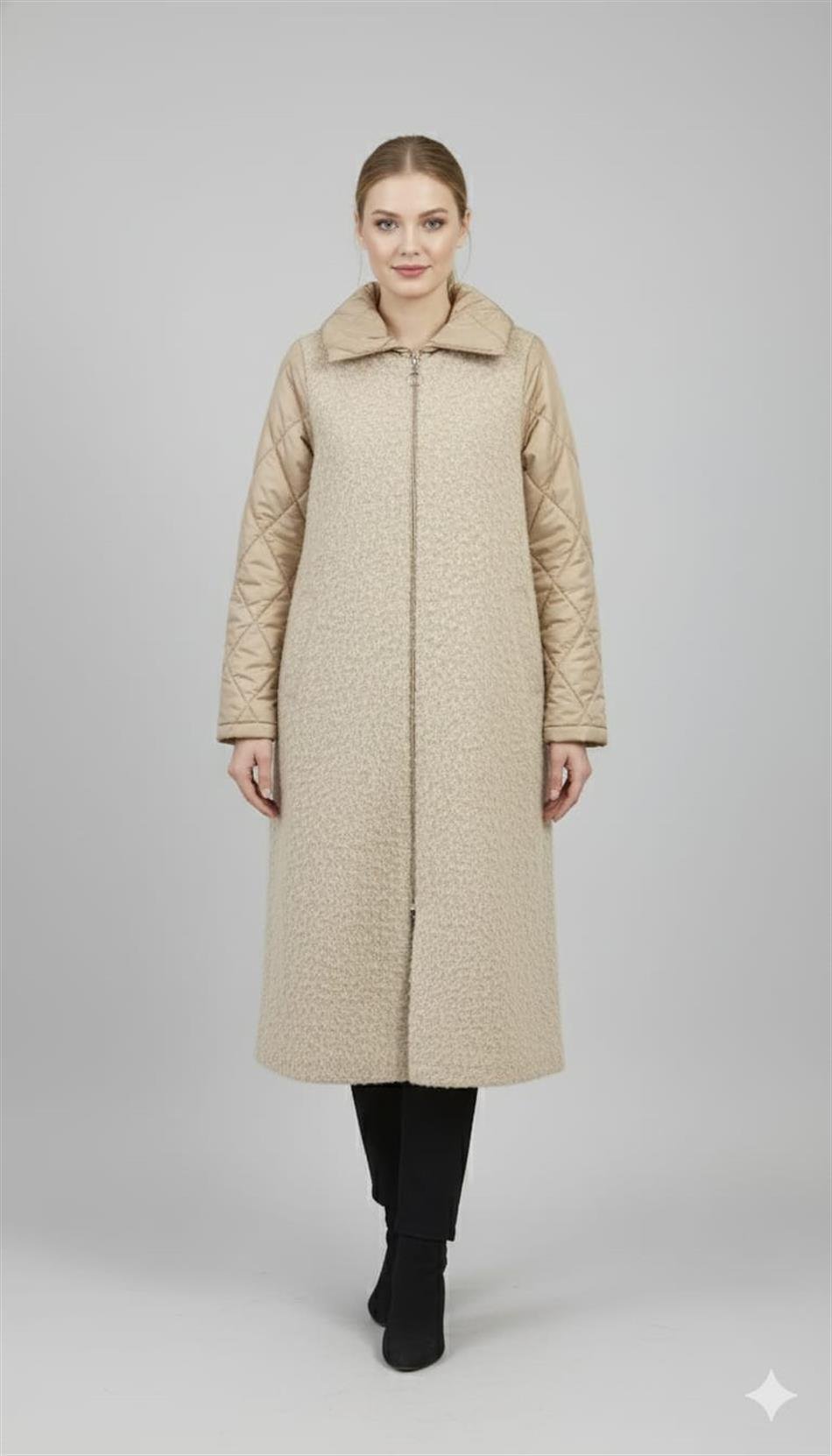Angora Doku Kapitone Dolgu Kol Detaylı Astarlı Zamansız Kaban Manto-Taş