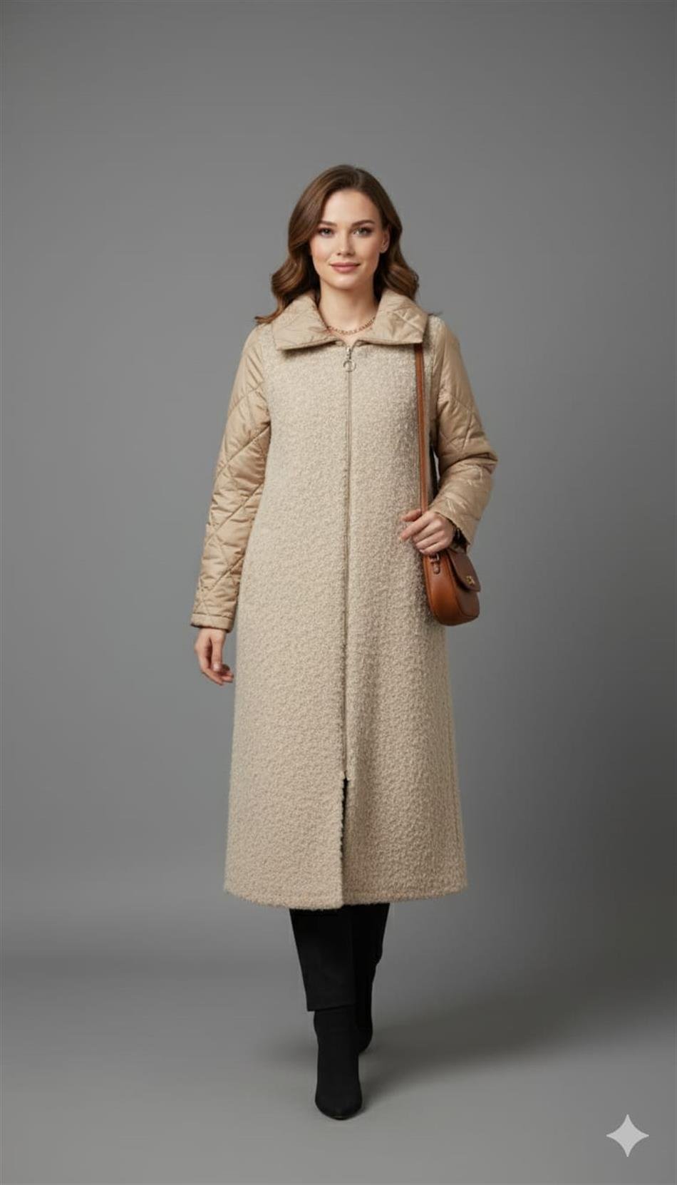 Angora Doku Kapitone Dolgu Kol Detaylı Astarlı Zamansız Kaban Manto-Taş