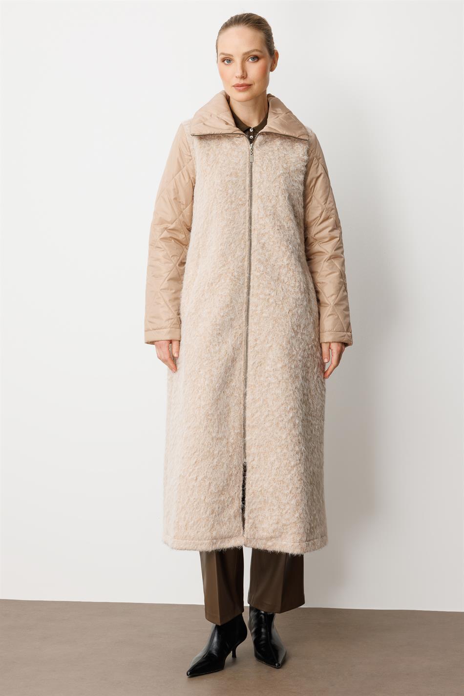 Angora textuur, gewatteerde mouwen, gevoerde, tijdloze jas/jack - Steenkleur