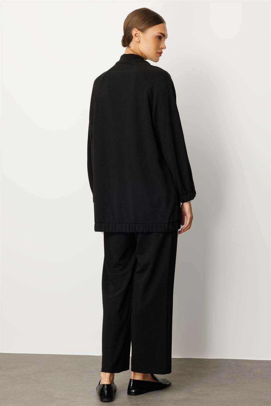 Elegante broekenset met jacquard- en crêpe-textuur, ribstof en accessoires - Zwart