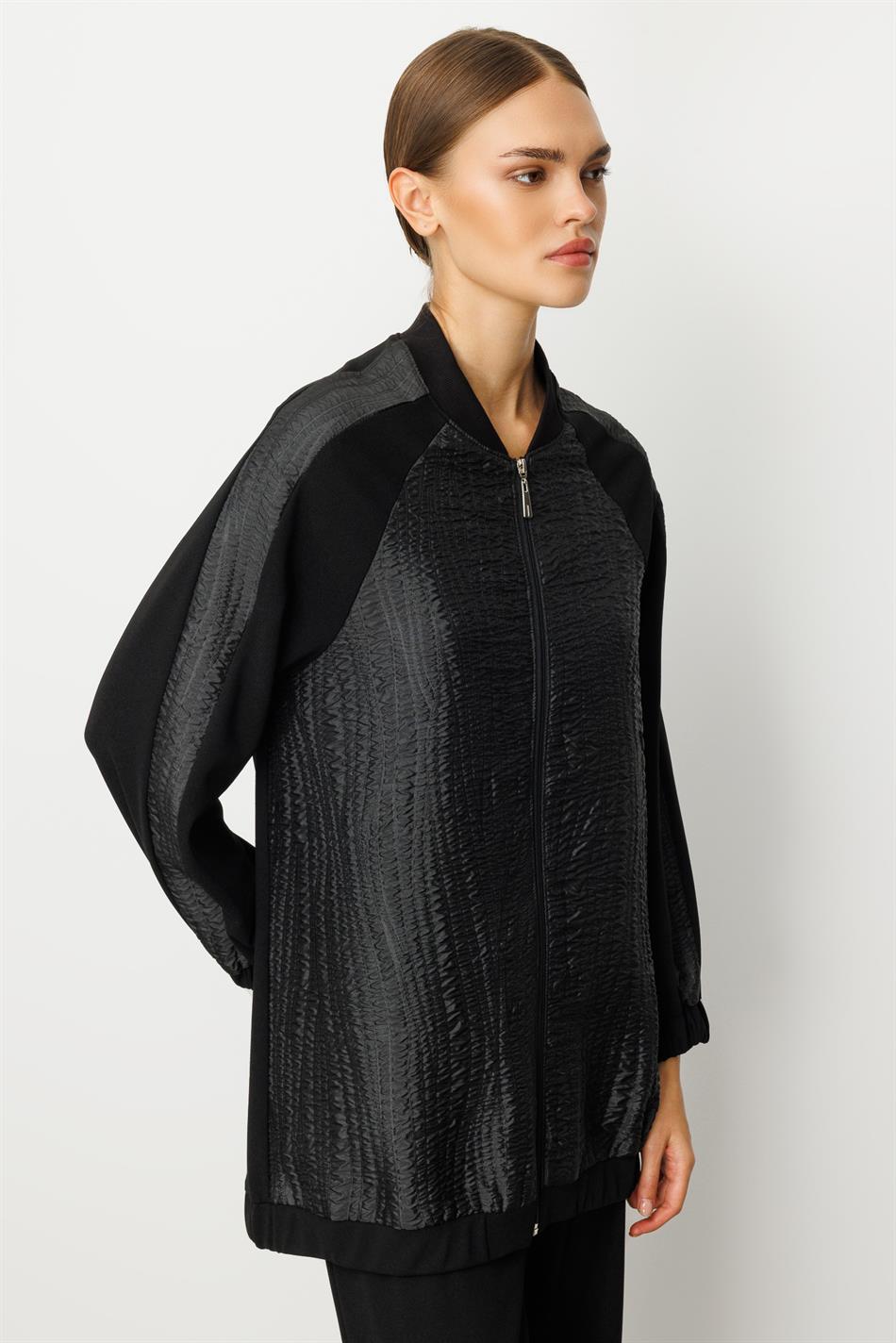 Elegante broekenset met jacquard- en crêpe-textuur, ribstof en accessoires - Zwart