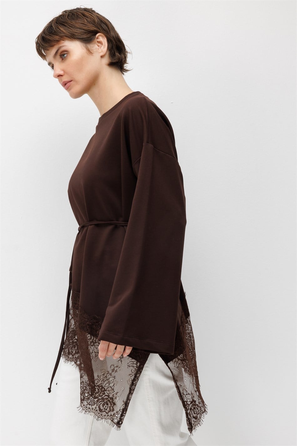 Asimetrik Dantel Garnili Tunik-Kahve