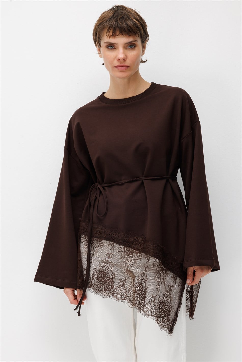 Asimetrik Dantel Garnili Tunik-Kahve