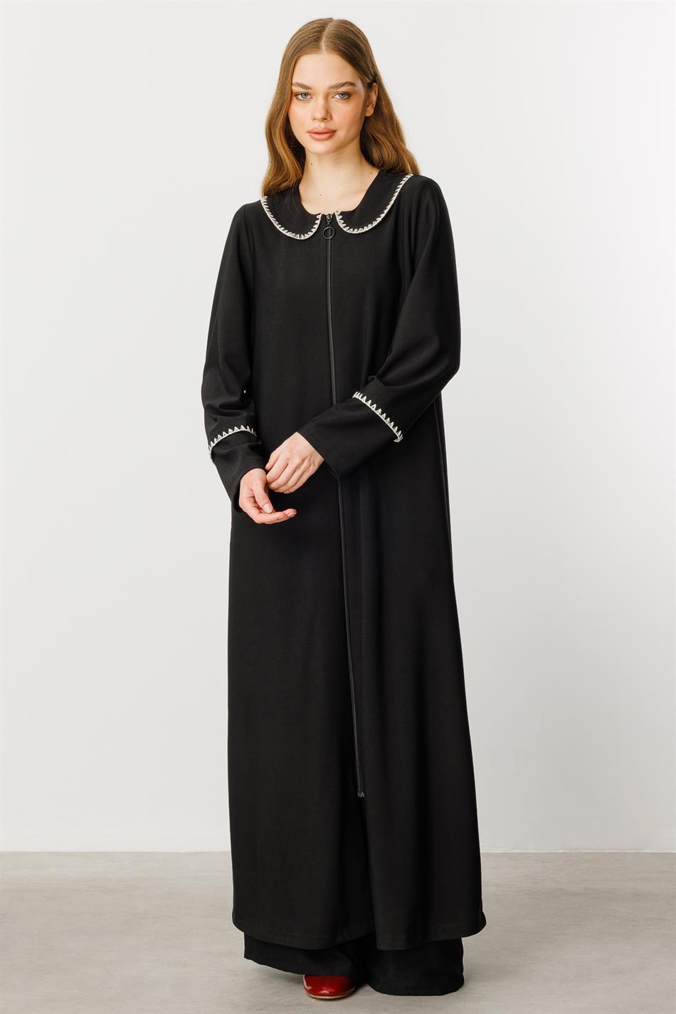 Körpə üçün tikmə ilə örtülmüş nazik parça xəndək palto/kepek/abaya - qara