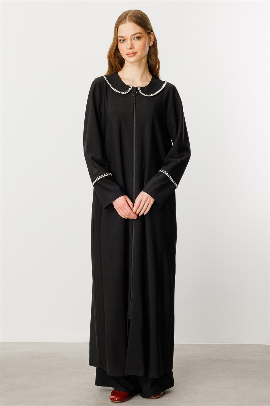 Körpə üçün tikmə ilə örtülmüş nazik parça xəndək palto/kepek/abaya - qara