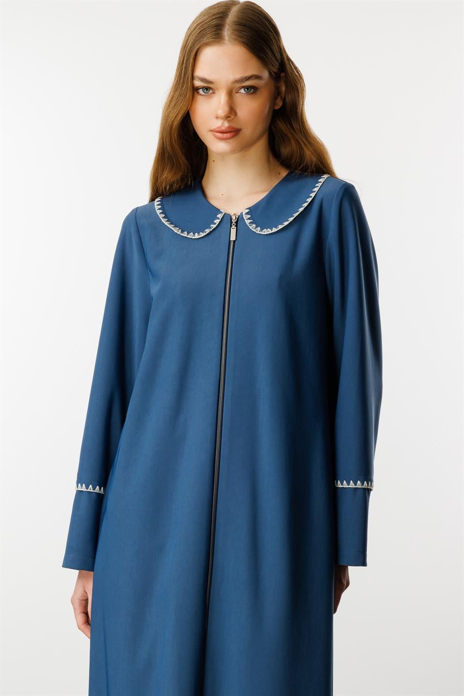 Baby Embroidered Draped Thin Fabric Trench Coat/Cape/Abayas/Indigo