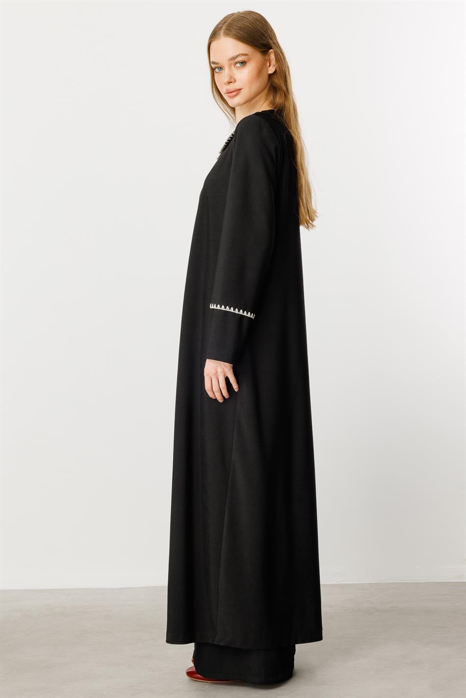 Körpə üçün tikmə ilə örtülmüş nazik parça xəndək palto/kepek/abaya - qara