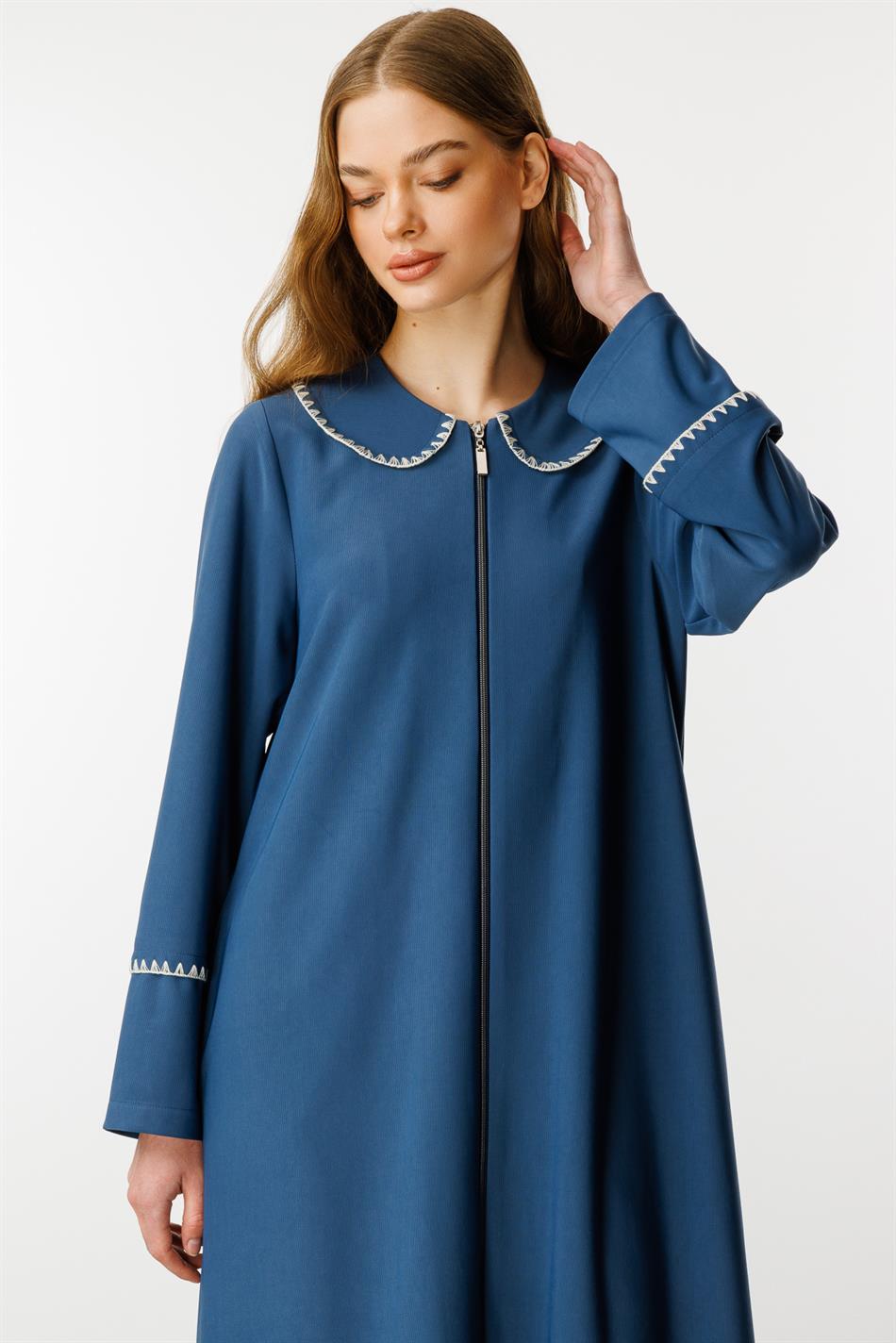 Baby Embroidered Draped Thin Fabric Trench Coat/Cape/Abayas/Indigo