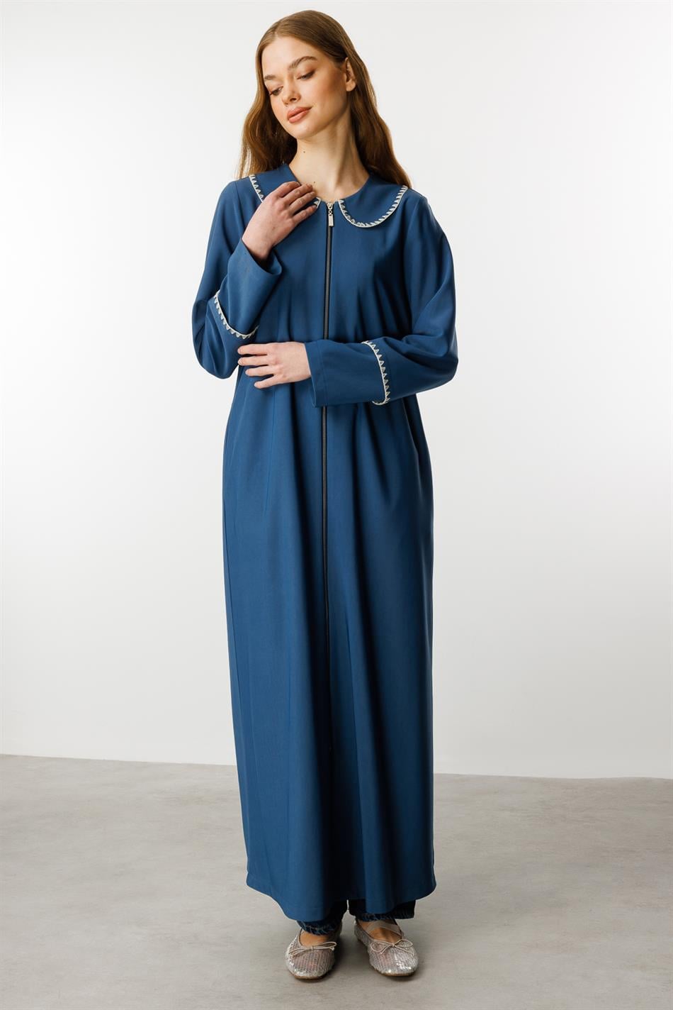 Baby Embroidered Draped Thin Fabric Trench Coat/Cape/Abayas/Indigo