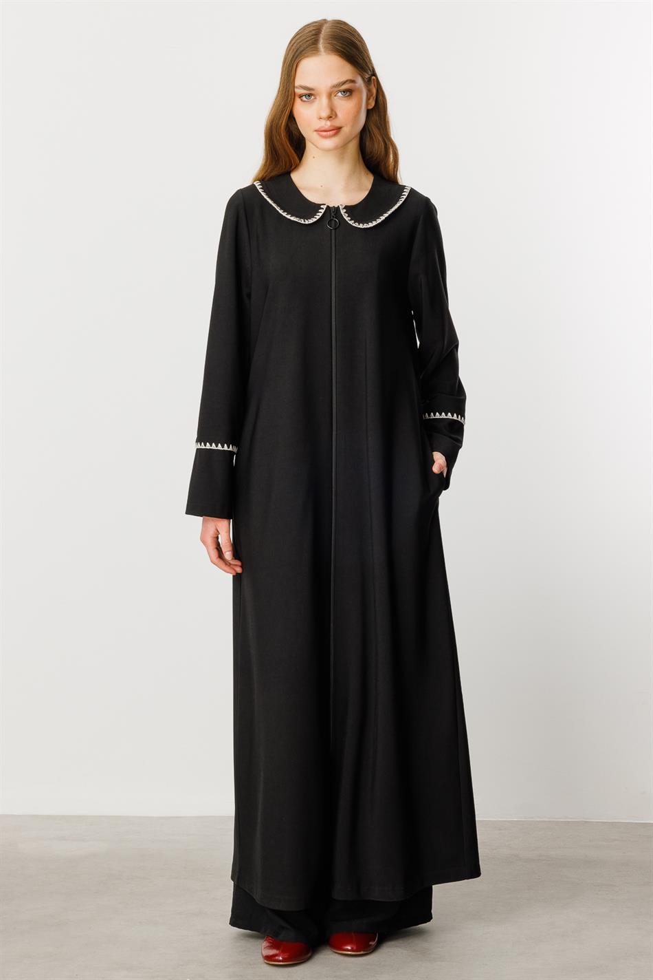 Körpə üçün tikmə ilə örtülmüş nazik parça xəndək palto/kepek/abaya - qara