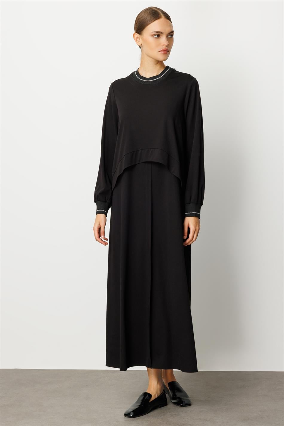 Bambuk (Xüsusi İplik) Draped Örgü Qabırğalı Detallı Palto - Qara