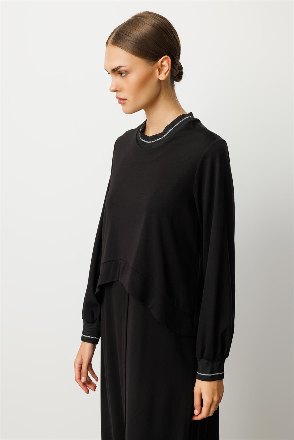 Bambuk (Xüsusi İplik) Draped Örgü Qabırğalı Detallı Palto - Qara