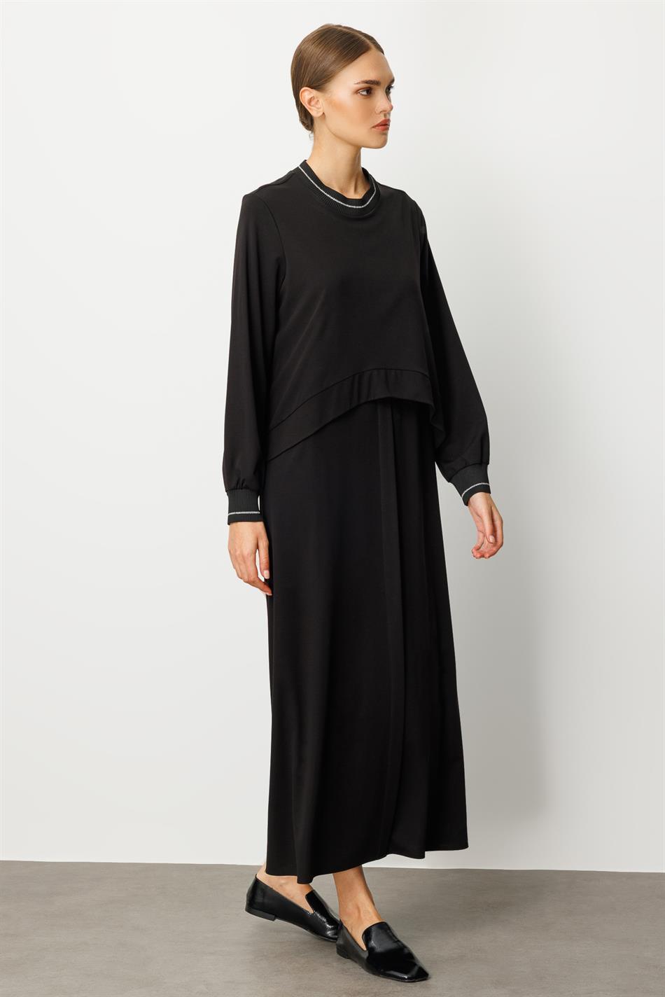 Bambuk (Xüsusi İplik) Draped Örgü Qabırğalı Detallı Palto - Qara