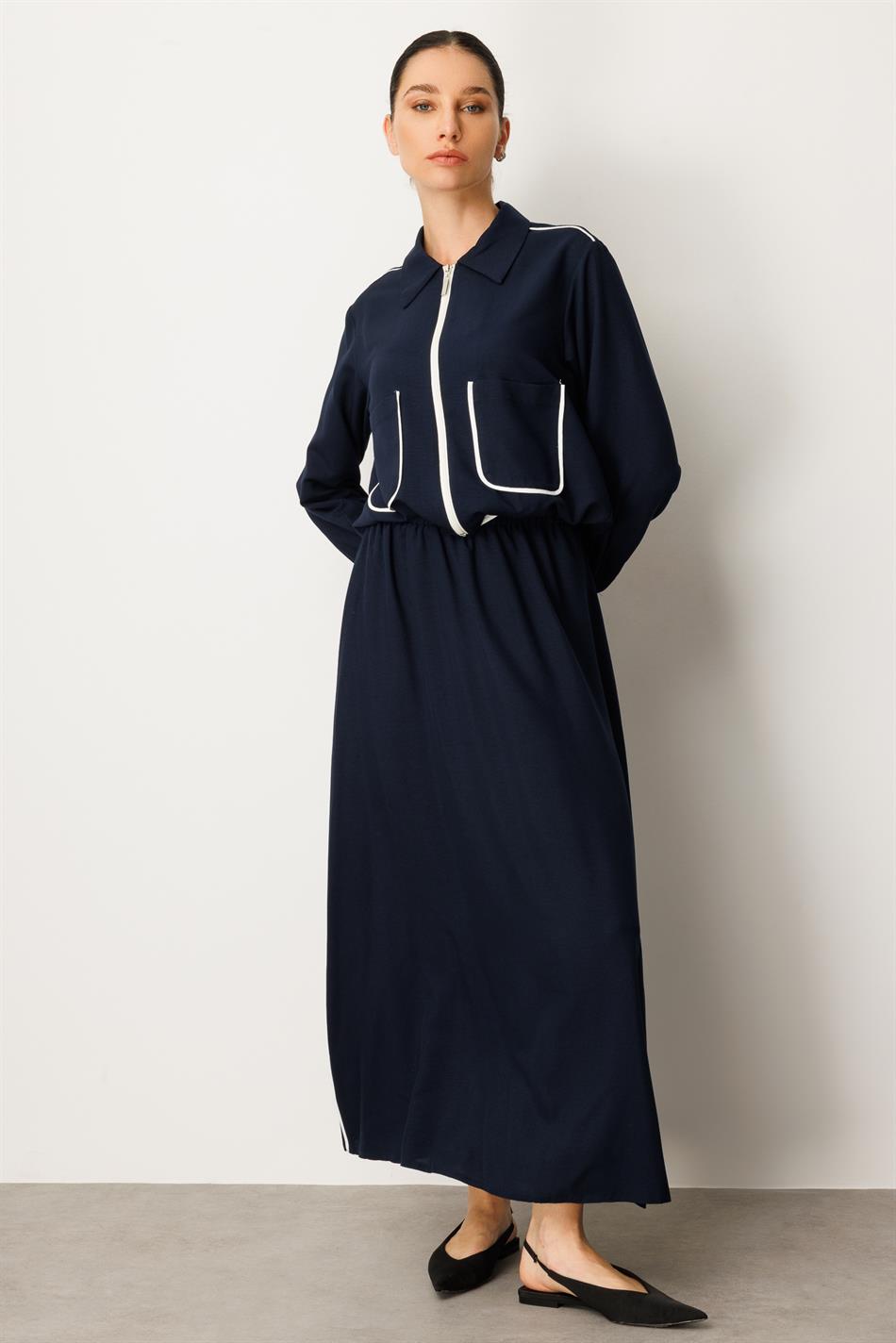 Zweiteiliges Set Ipekçe mit Paspelierung – Marineblau