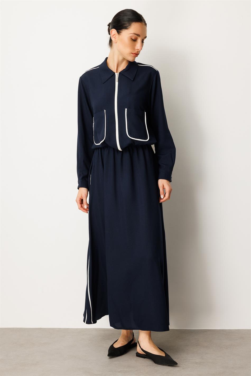Zweiteiliges Set Ipekçe mit Paspelierung – Marineblau