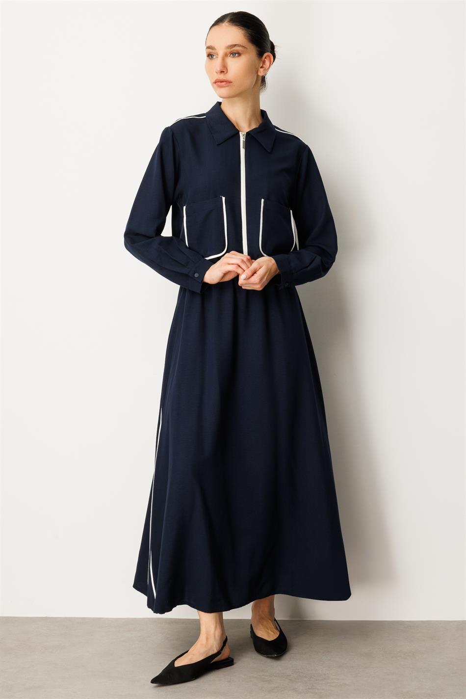 Zweiteiliges Set Ipekçe mit Paspelierung – Marineblau
