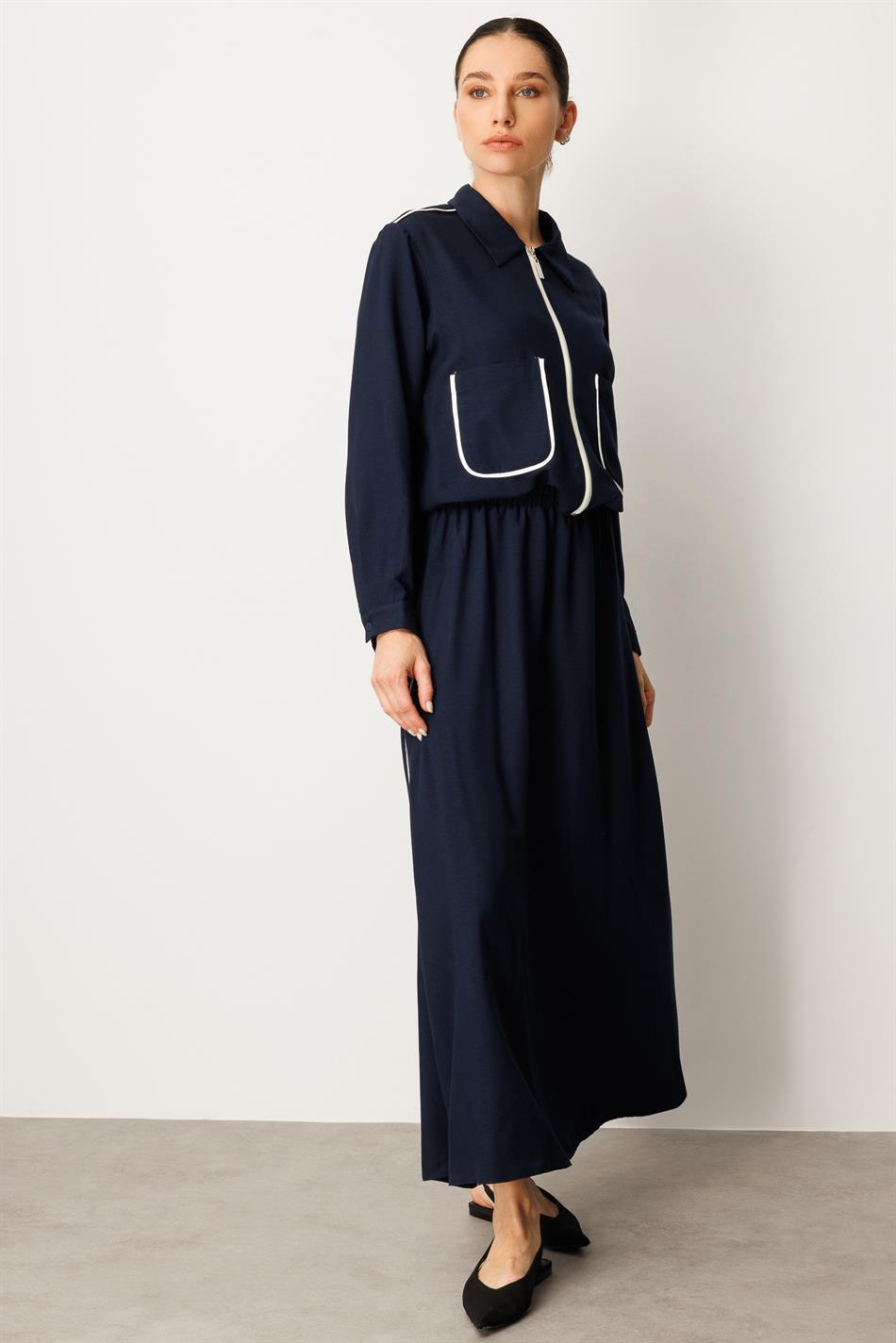 Zweiteiliges Set Ipekçe mit Paspelierung – Marineblau
